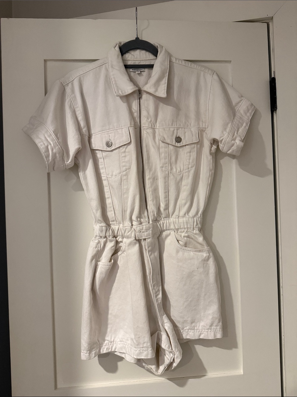 WeWoreWhat white denim zip up romper